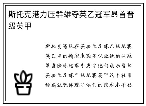 斯托克港力压群雄夺英乙冠军昂首晋级英甲 斯托克港力压群雄夺英乙冠军昂首晋级英甲