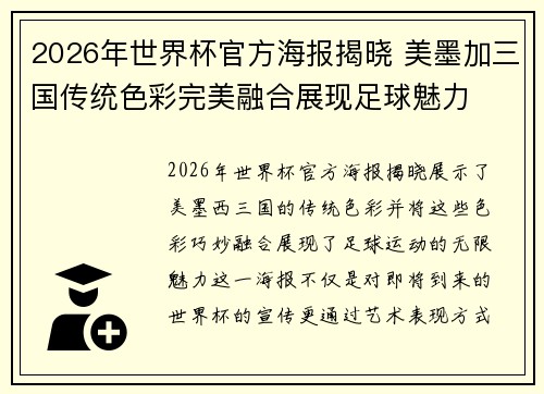 2026年世界杯官方海报揭晓 美墨加三国传统色彩完美融合展现足球魅力 2026年世界杯官方海报揭晓 美墨加三国传统色彩完美融合展现足球魅力