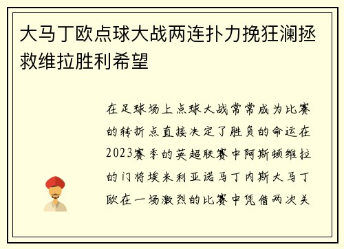 大马丁欧点球大战两连扑力挽狂澜拯救维拉胜利希望
