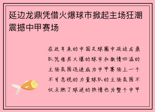 延边龙鼎凭借火爆球市掀起主场狂潮震撼中甲赛场